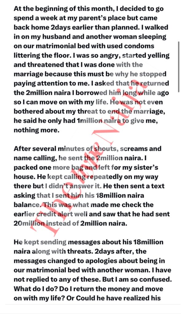 "Marital Turmoil to Financial Windfall: Woman Contemplates Future After Husband's 20 Million Naira Mistake"