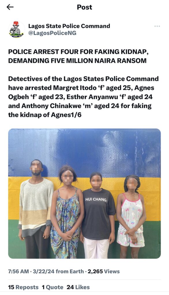 Lagos Police Uncover Fake Kidnapping Plot, Arrest Four Individuals