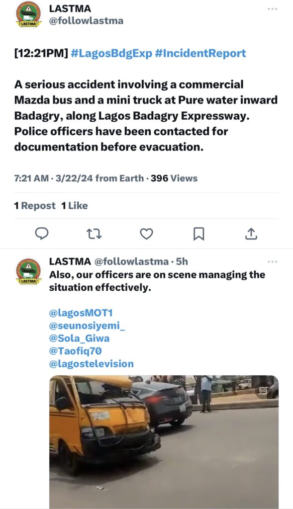 Serious Accident on Lagos-Badagry Expressway Involves Commercial Bus and Mini Truck