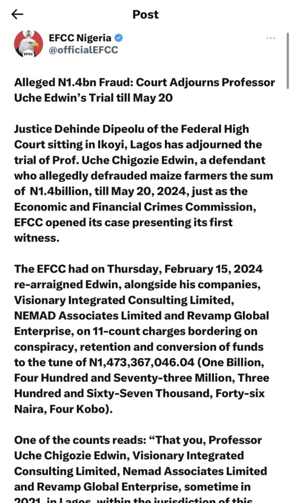 N1.4 Billion Fraud Allegation: Trial of Prof. Uche Edwin Postponed to May by Lagos Court