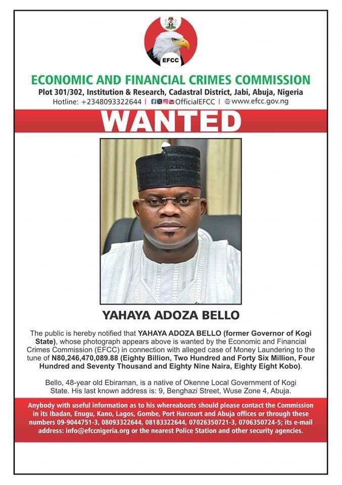 EFCC Declares Former Governor Yahaya Bello Wanted Over N80.2 Billion Fraud