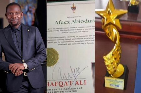 Nollywood Star Afeez Owo Receives Prestigious Recognition in Canada, Marking New Milestone in His Entertainment Career