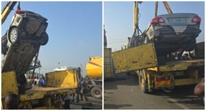 Miracle at Mile 2 as Driver Survives as 40-Foot Container Crushes Car in Lagos